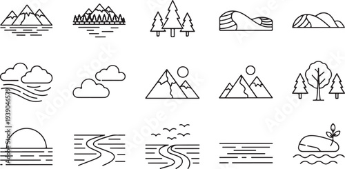 Natural landscape outline icons set featuring mountain ranges forest trees clouds water waves sun and river flow elements for design