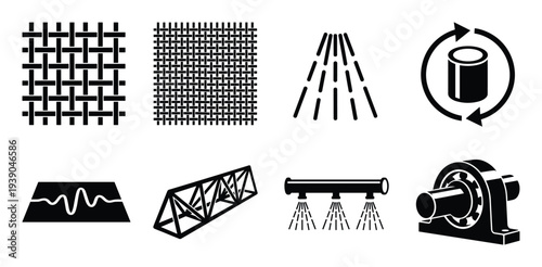 Papermaking dandy roll icons with wire mesh, spray, cylinder rotation, truss, wave, pipe and bearing illustration
