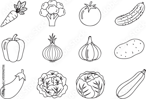 Outline icons of fresh vegetables on transparent background carrot broccoli tomato cucumber bell pepper onion