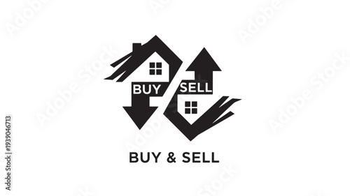 A black and white icon featuring two houses with buy and sell arrows, representing real estate transactions and property trading on a clean white background.
