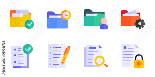 Office File And Project Control Icons Collection. Document review approval security and folder management vector set