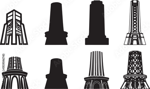Industrial chimney silhouettes set including various factory towers smoke stacks power plant structures and manufacturing silhouettes