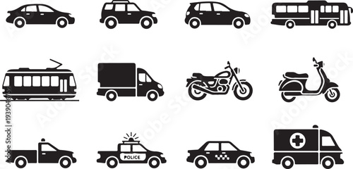 Transportation vehicles icons collection showing passenger cars bus tram truck delivery van motorcycle scooter taxi and ambulance van