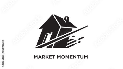 A stylized black house icon with a diagonal line, conveying market momentum and growth in real estate, set against a clean white background.