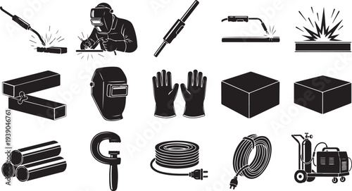 Welding equipment and metalwork tools set with welder mask torch gloves pipes cables gas cylinders and electrical soldering icons