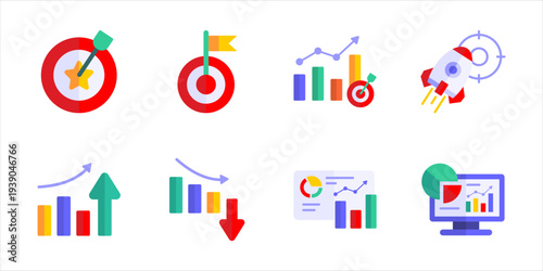Corporate Strategy And Growth Icons Collection. Business objective analytics dashboard and performance tracking vector set