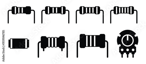 Resistor color code band icons: axial, SMD, potentiometer, electronic components, black design elements, circuit board parts