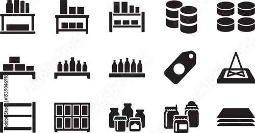 Set of grocery store shelf icons with various products, price tags, and shopping cart elements