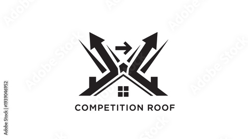 A modern black and white logo featuring a stylized house with arrows, representing competition and growth in real estate or business, on a clean white background.