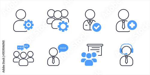 Corporate employee management icons collection. Office team workflow communication system icon set