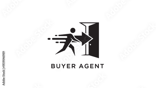 A black and white graphic logo featuring a running man and a door, representing a buyer agent, on a plain background.