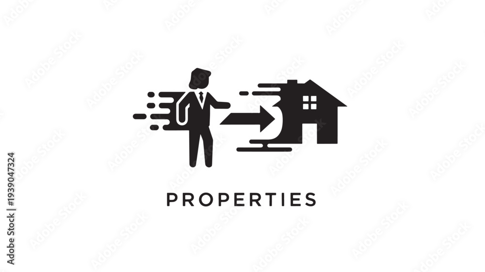 Fototapeta premium A black icon depicting a man moving towards a house with an arrow, symbolizing properties and relocation on a white background.