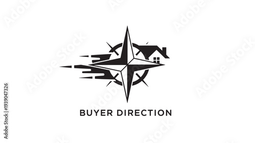 A black compass logo with a house and airplane icons on a white background, symbolizing buyer direction and navigation for business or travel concepts.