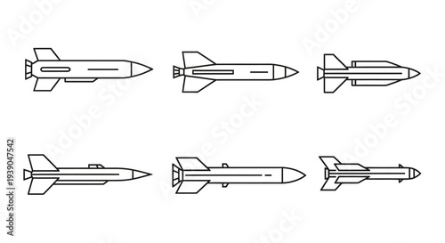 Set of Six Diverse Military Missile Outline Icons, Various Weapon Designs on an Isolated White Background