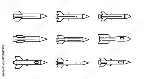 Collection of Nine Diverse Military Missile Outline Icons, Various Weapon Shapes on an Isolated White Background