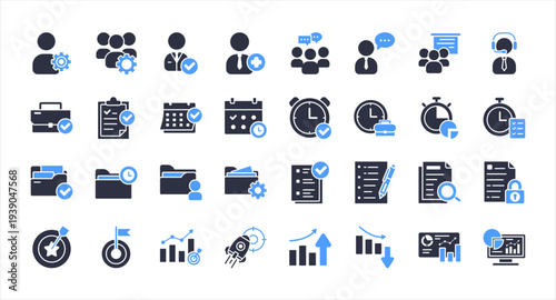 Corporate Office Productivity Icons Collection. Employee management project workflow task schedule and performance tracking vector set