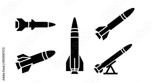 Set of Various Military Rocket and Missile Silhouettes, Weaponry Collection on an Isolated White Background