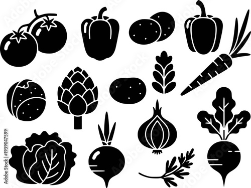Collection of black silhouette vegetables and produce white background food