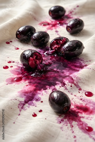 Hyper-realistic AI: Vibrant Smashed Jambolan Java Plum Fruit on Textured Fabric