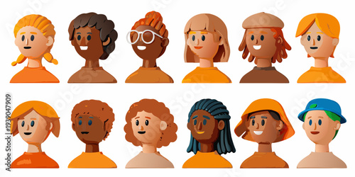 Diverse group of cartoon people with various hairstyles and skin tones