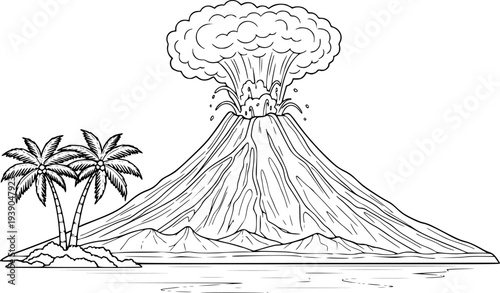 Erupting Volcano with Palm Trees Island in Ocean Line eruption