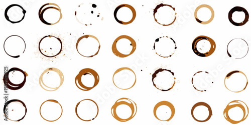 Collection of coffee rings and stains on a white background