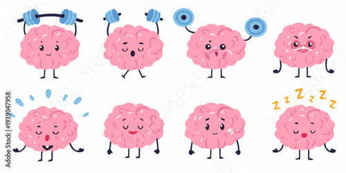 Cute cartoon brains displaying various emotions and physical activities