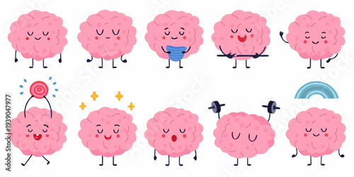 Cute cartoon brains displaying various emotions and positive activities