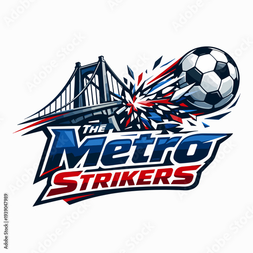 Energetic The Metro Strikers emblem showing soccer ball striking bridge skyline, symbolizing teamwork, power, determination, and the uniting spirit of competitive urban sports