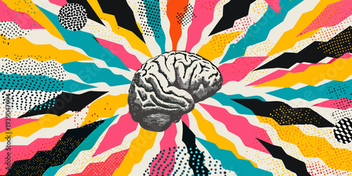 An abstract illustration featuring a human brain amidst vibrant radiating shapes