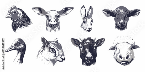 Illustrative portraits of various farm animals in a monochrome style
