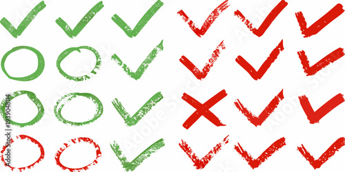Collection of hand drawn check marks and an x on a white background