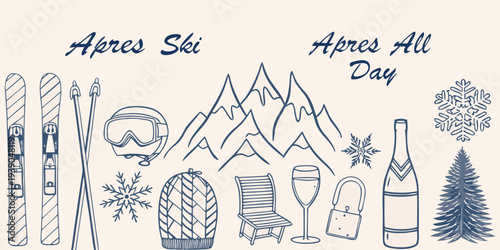 Apres ski themed illustration featuring winter sports and celebratory items