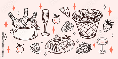 Celebratory still life featuring champagne fruit and sweet treats