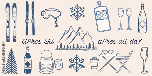 Winter sports and apr s ski themed illustrations in a blue gray palette