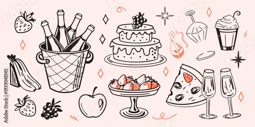 Celebratory doodle illustration featuring desserts fruit and champagne bottles