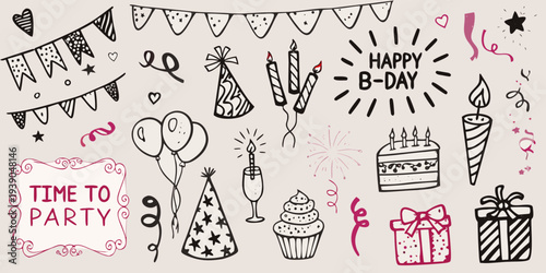 Hand drawn birthday doodles and decorations with celebratory text elements