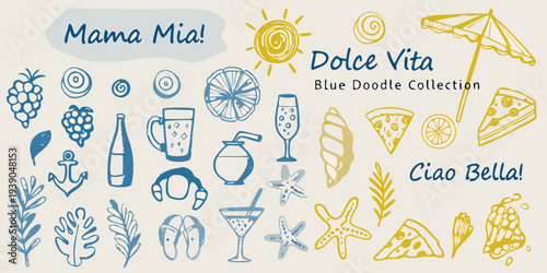 Italian summer themed doodles with citrus drinks and coastal elements