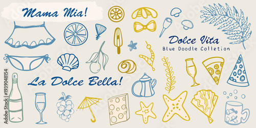 Italian summer themed doodles featuring lemons cocktails and seaside items