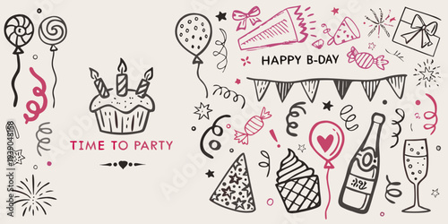 Colorful birthday doodles and illustrations with celebratory elements