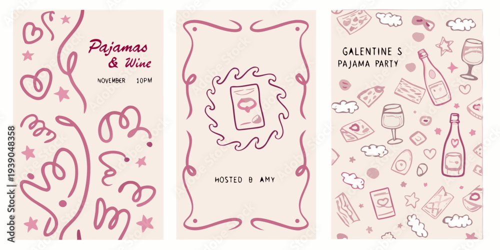 Obraz premium A set of three illustrated panels for a pajama and wine party