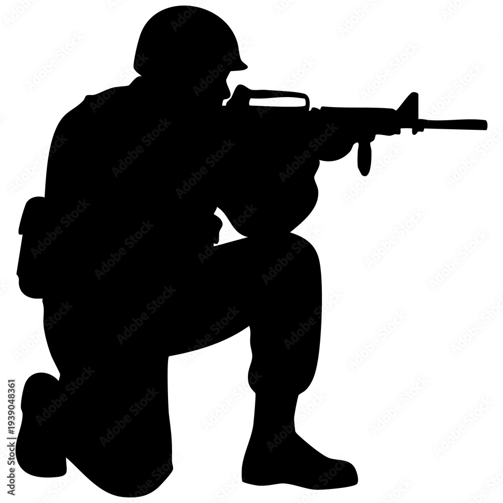Fototapeta premium Soldier in combat stance aiming rifle in silhouette against white background for military or defense concepts