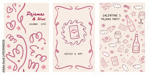 A set of three illustrated panels for a pajama and wine party