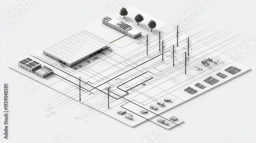 Isometric diagram illustrates complex electrical power distribution network connecting industrial facilities and transmission lines