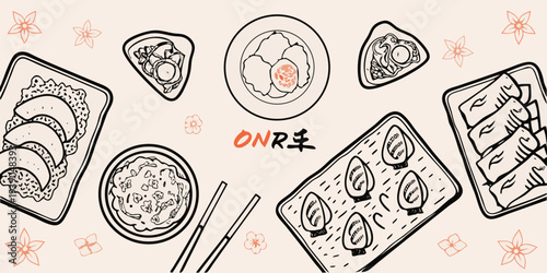 Aesthetic flat lay illustration of various japanese food dishes