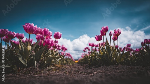 Vibrant magenta flowers bloom in a field under a dramatic blue sky with scattered white clouds.
