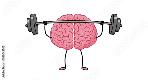 Pink cartoon brain character lifting heavy barbell weights white background exercise