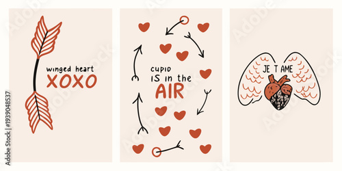 Romantic illustrations featuring hearts arrows and affectionate phrases