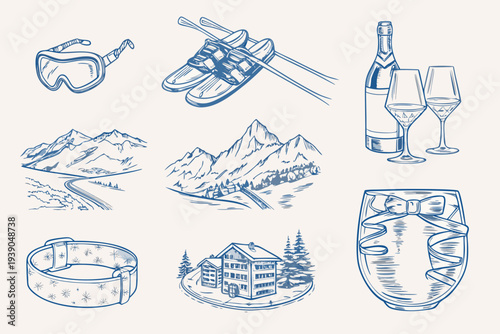 A collection of sketched items representing winter sports and apr s ski