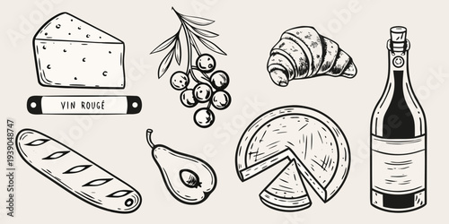 A charming hand drawn illustration of various french foods and wine